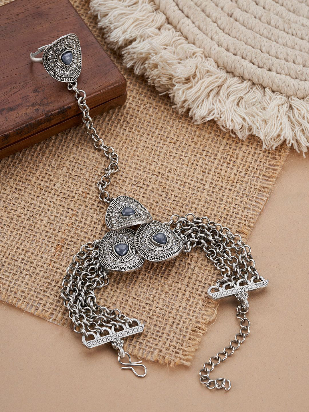 TEEJH Minakshi HaathPhool Oxidised Silver-Plated Ring Bracelet