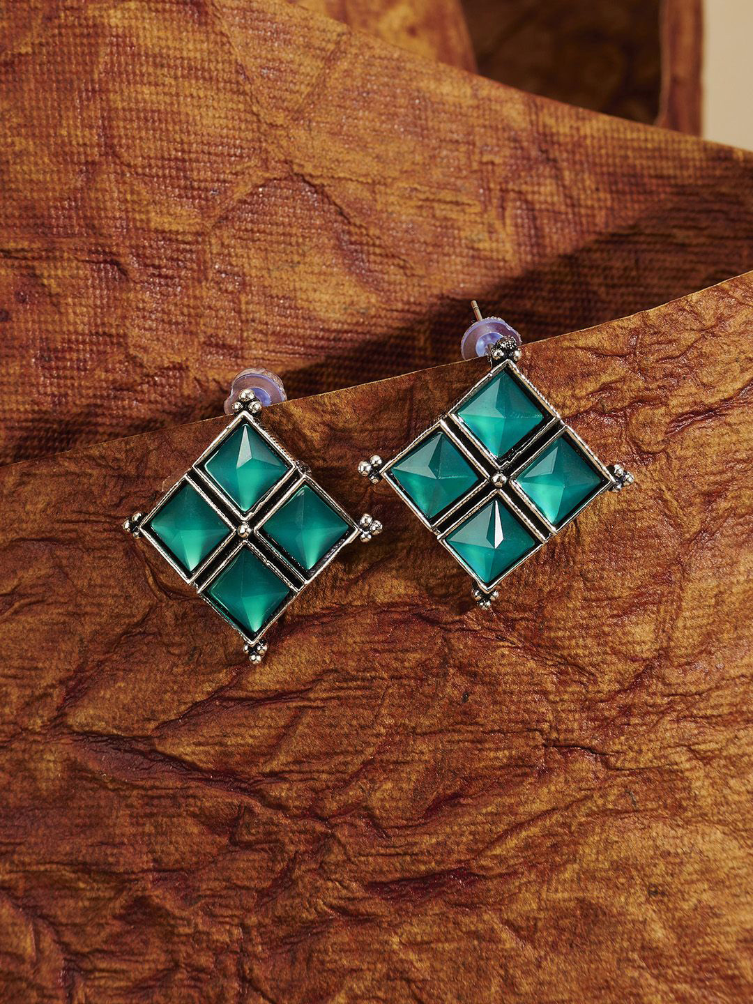 TEEJH Dhamini Silver-Plated Diamond Shaped Oxidised Drop Earrings