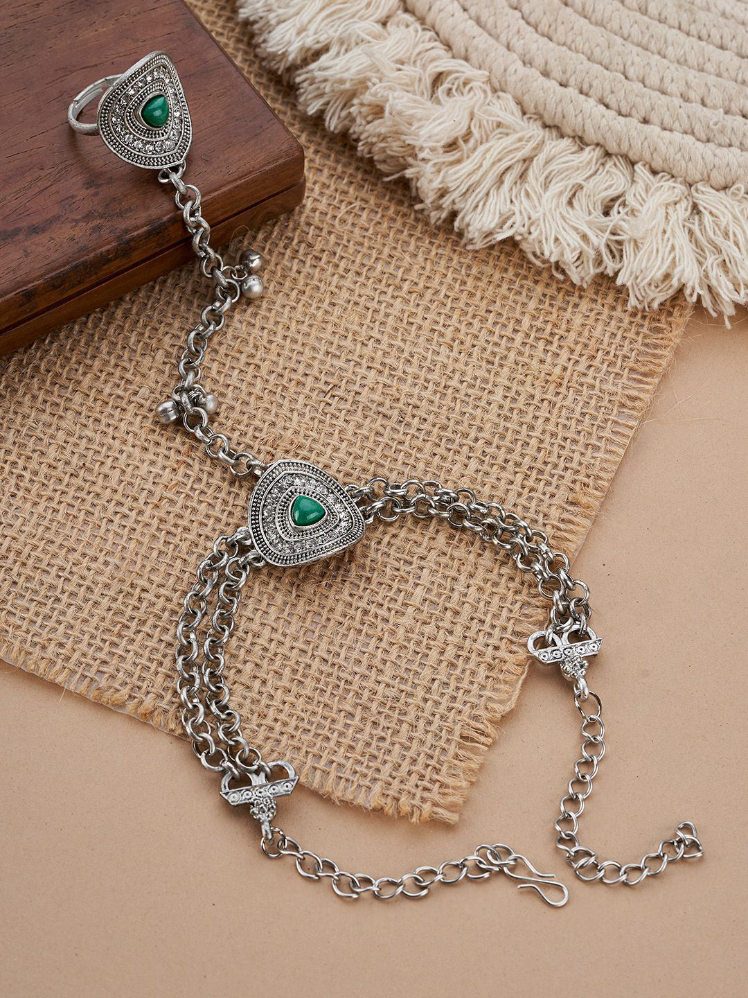 TEEJH Akaaya Hathphool Oxidised Silver-Plated Ring Bracelet