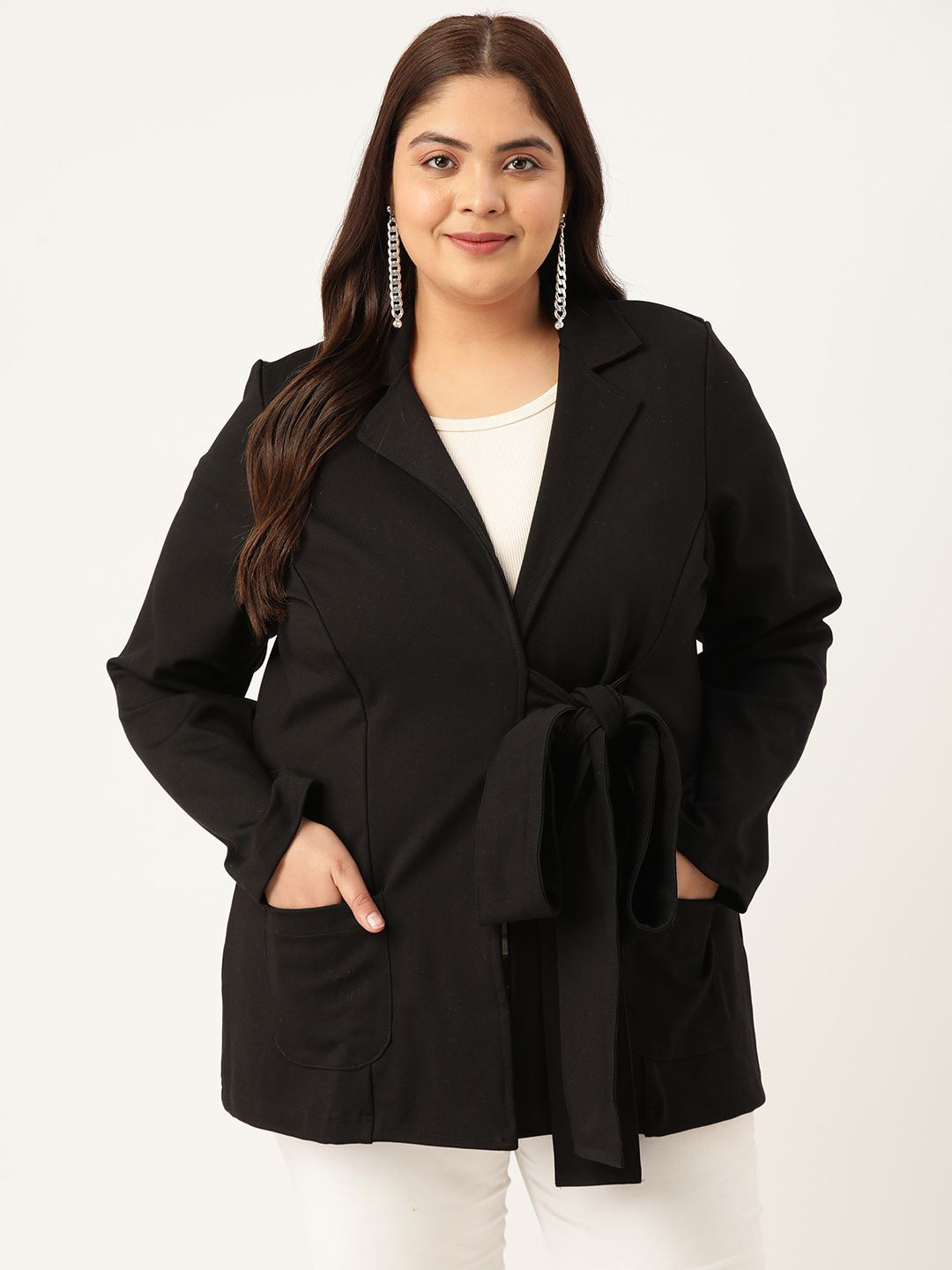 theRebelinme Plus Size Notched Lapel Single-Breasted Tie-Up Casual Blazer
