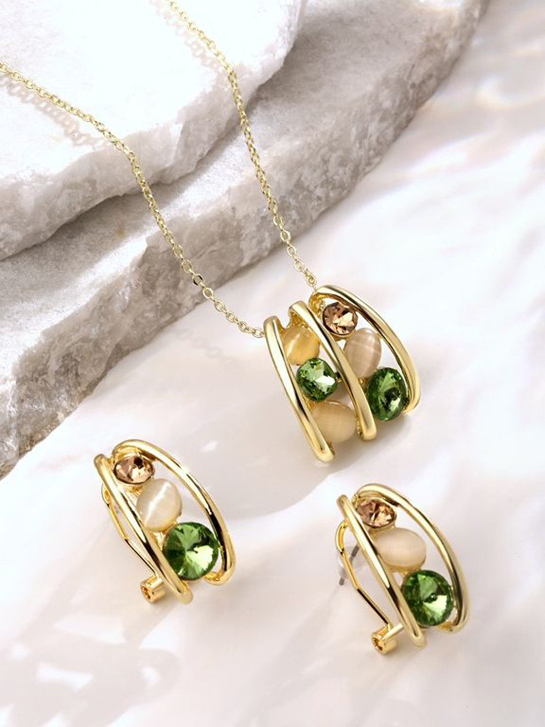 Cierra Gold-Plated Crystal Stone-Studded Pendant & Chain with Earrings