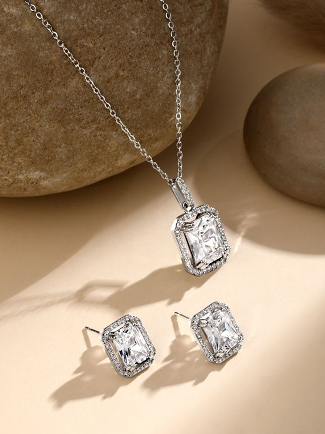 Cierra Silver-Plated Stone-Studded Octagon Shape Pendant & Chain with Earrings