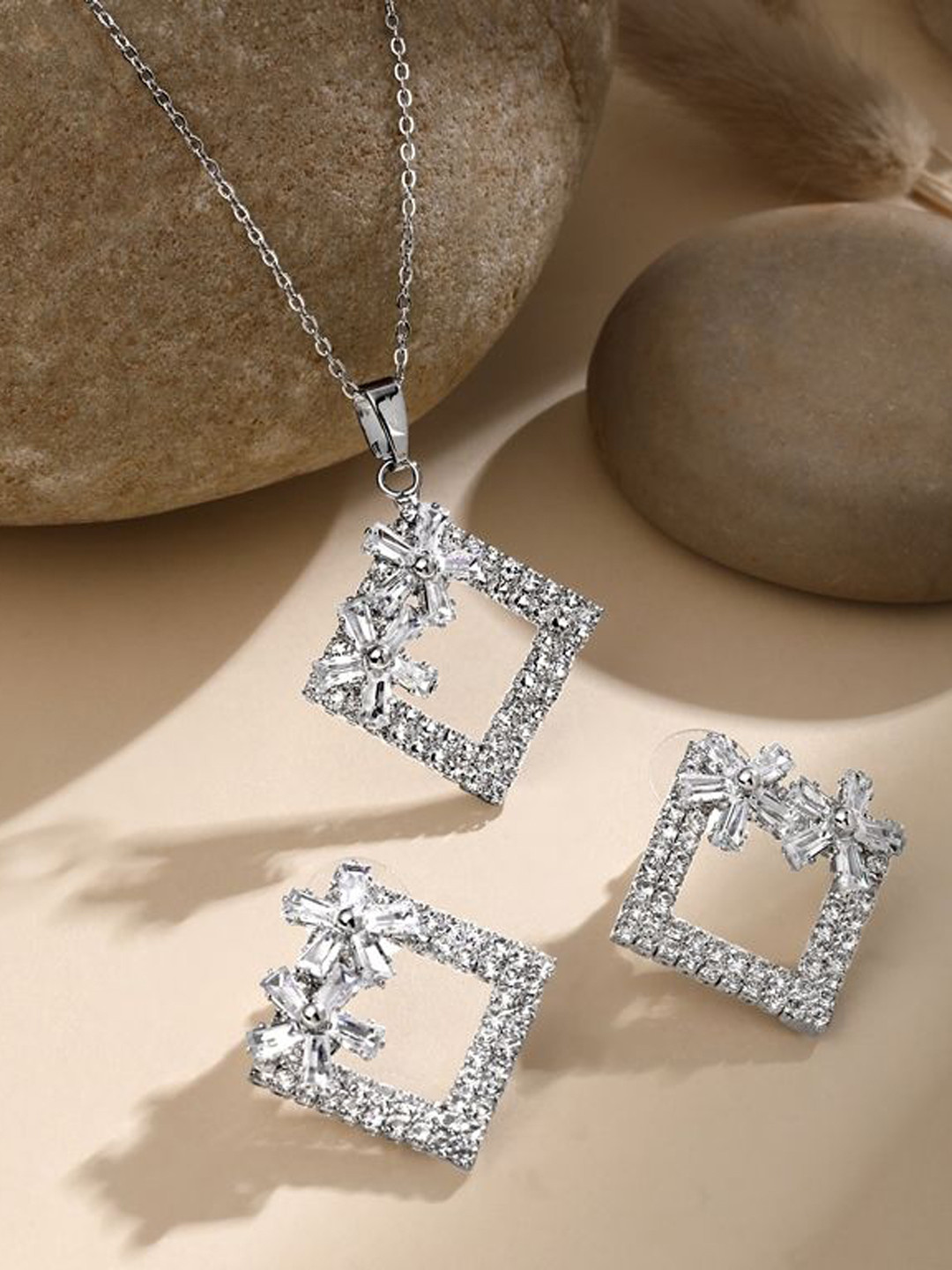 Cierra Silver-Plated Stone-Studded Square Shape Pendant & Chain with Earrings