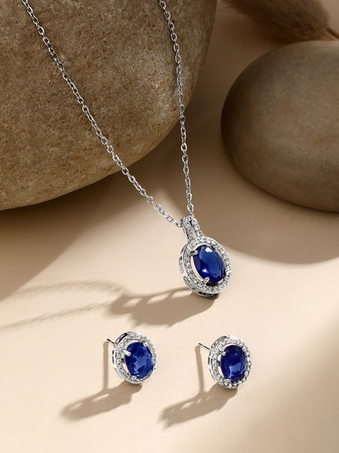 Cierra Silver-Plated Stone-Studded Pendant & Chain with Earrings