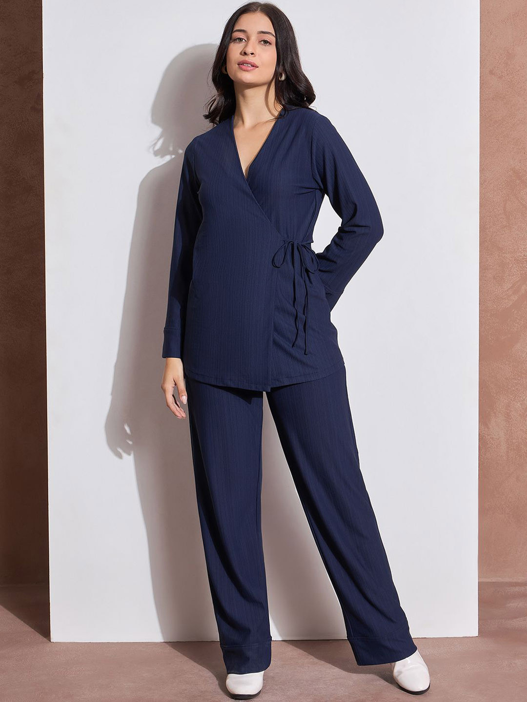 DRAPE AND DAZZLE Self Design V-Neck Love Sleeves Top With Trouser