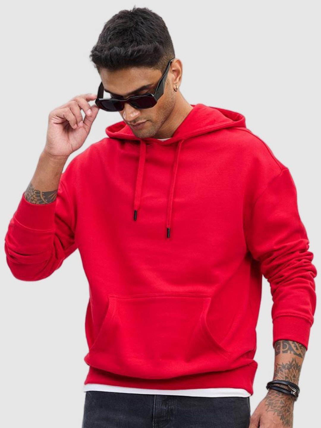 Snitch Men Red Plain Hoodies Sweatshirt
