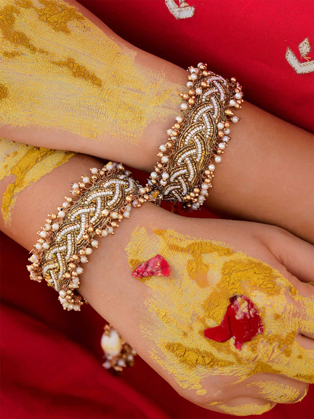 EVERSTYLISH Sanjoya Beads, Shell & Glass Drops Embroidered Cuff Bracelets Set of 2