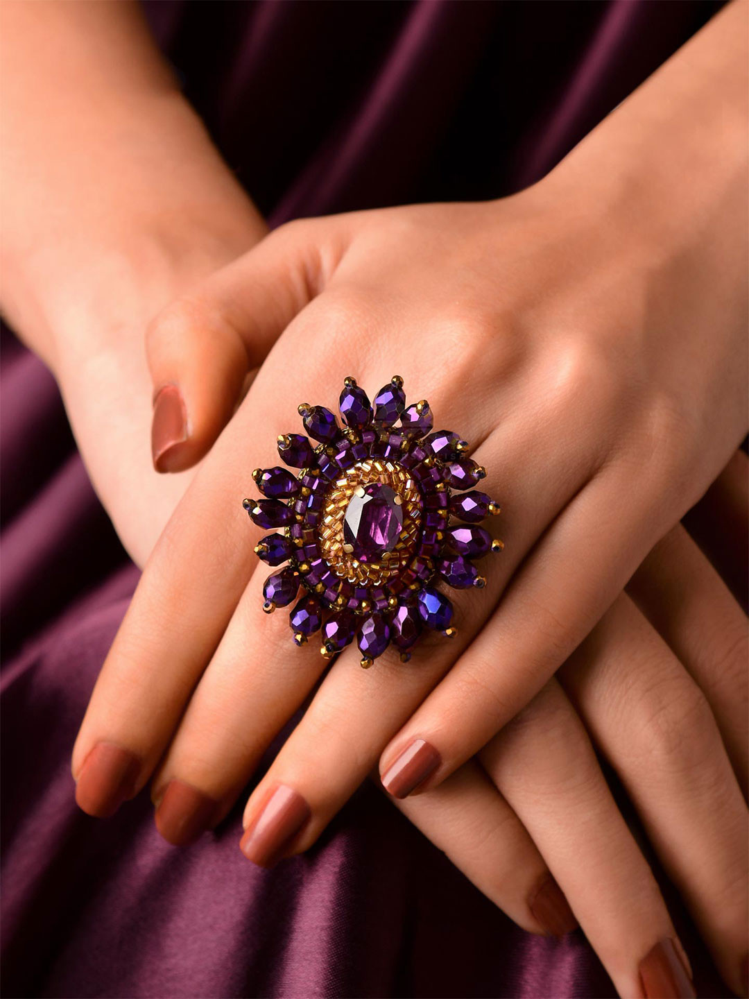 EVERSTYLISH Sanjoya Stone, Beads & Glass Drops Embroidered Adjustable Finger Ring (Purple)
