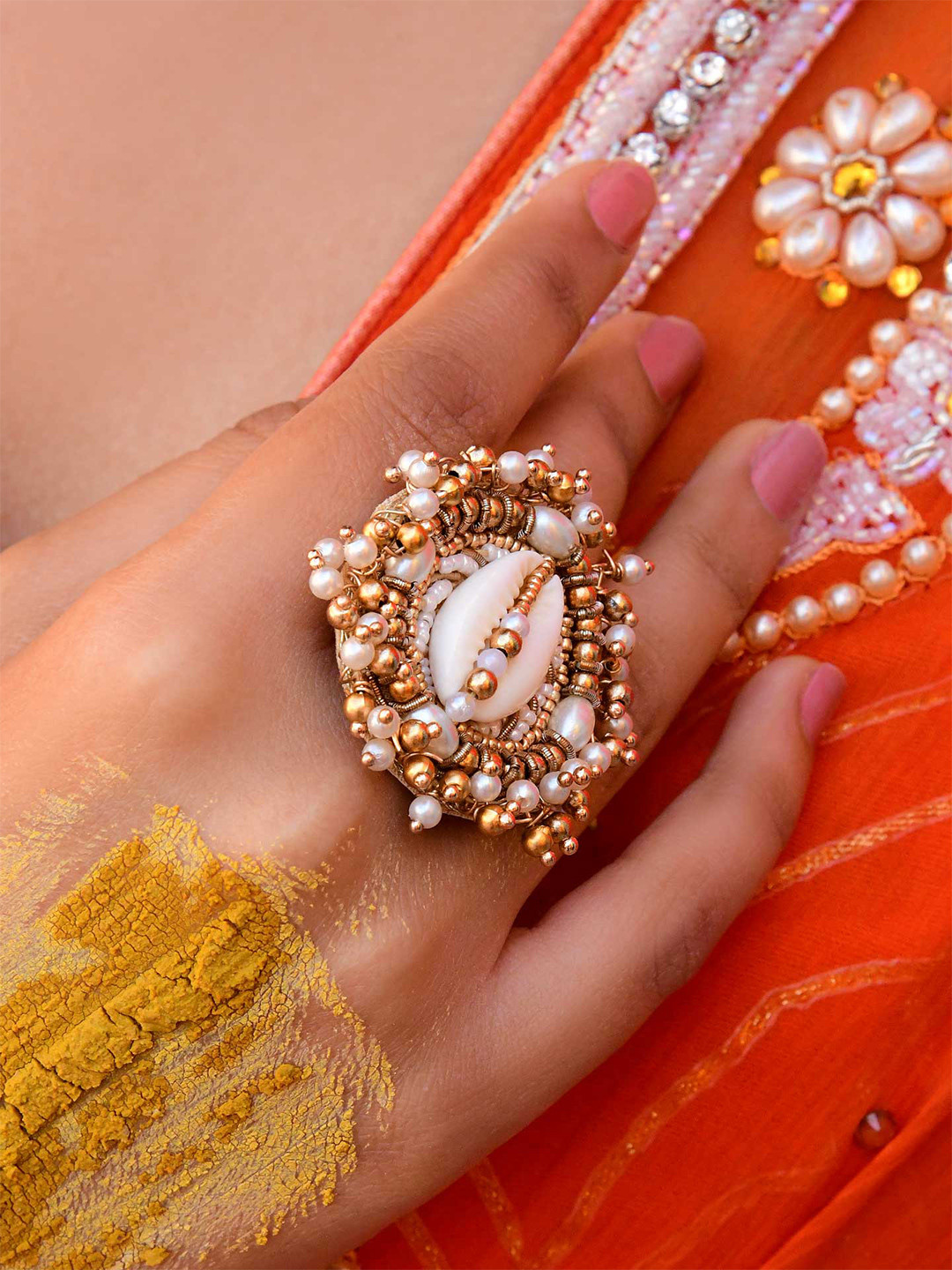 EVERSTYLISH Sanjoya Apsara Traditional Ivory Ethnic Shells & Beads Haldi Ring