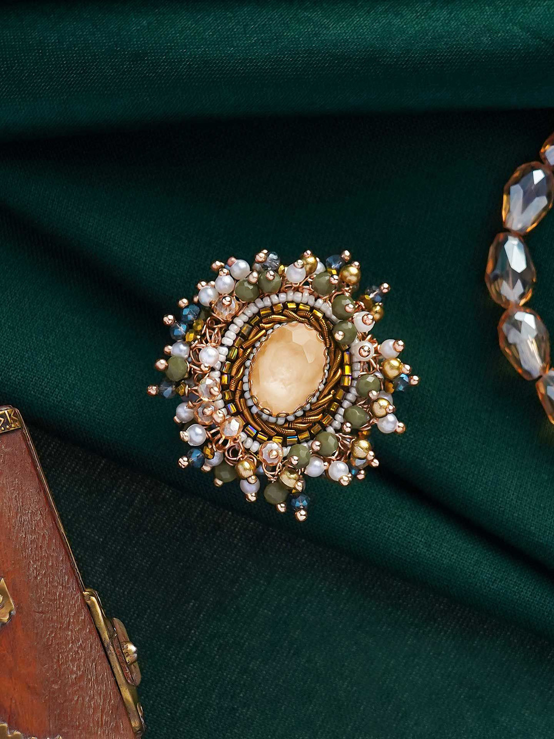 EVERSTYLISH Sanjoya Stone & Beads Embroidered Ring Multicolor Adjustable Finger Ring