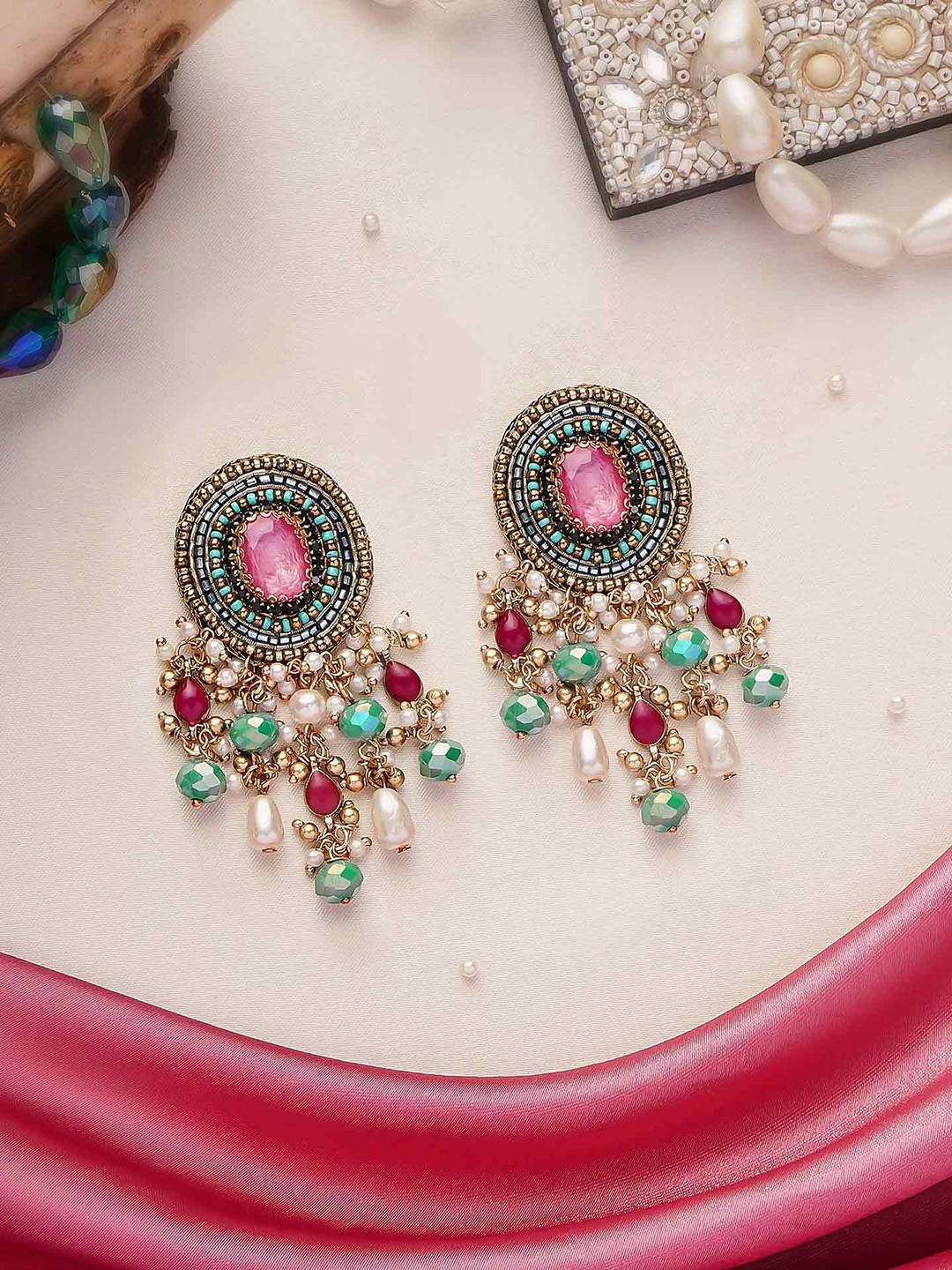 EVERSTYLISH Sanjoya Stones, Beads & Pearl Drops Embroidered Earrings