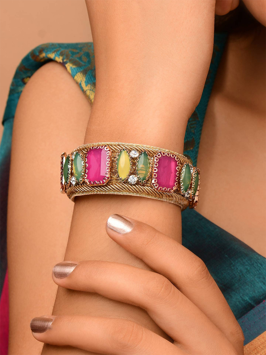 EVERSTYLISH Sanjoya Enamelled Pearls Stone Embroidered Cuff Bracelet