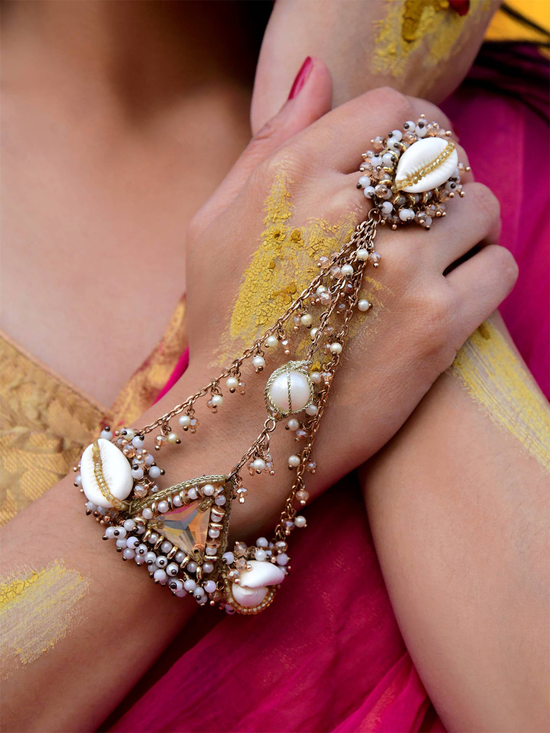 EVERSTYLISH SANJOYA APSARA Ivory Ethnic Hand Bracelet Shell Ring Beaded Haldi Accessory