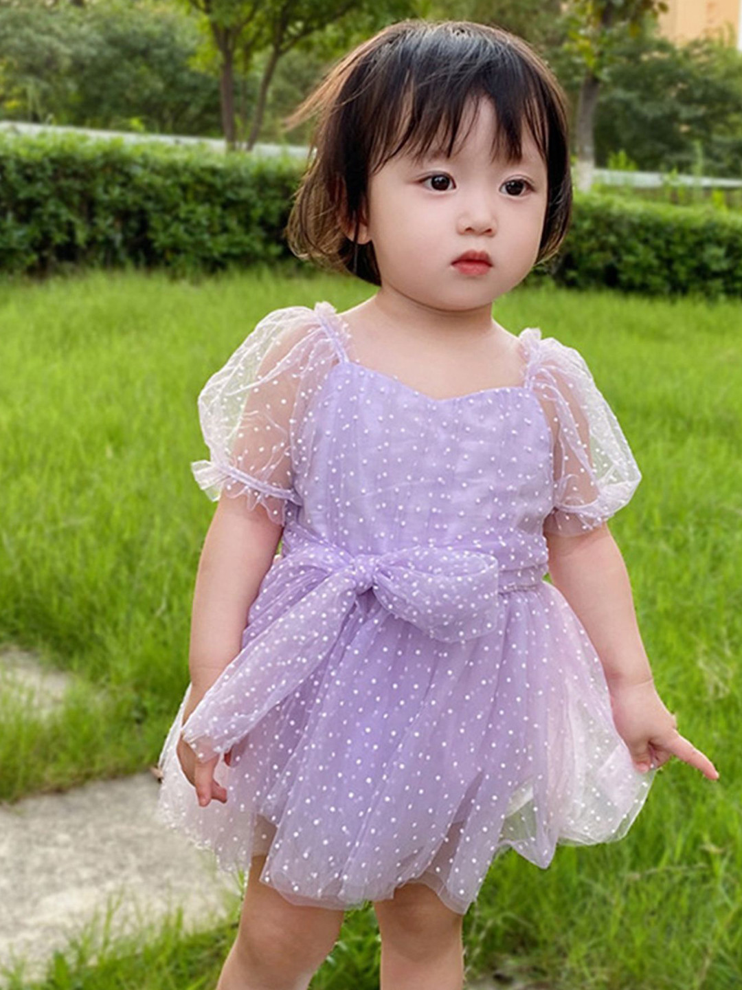 LULU & SKY Girls Polk Dots Puff Sleeve Fit & Flare Dress