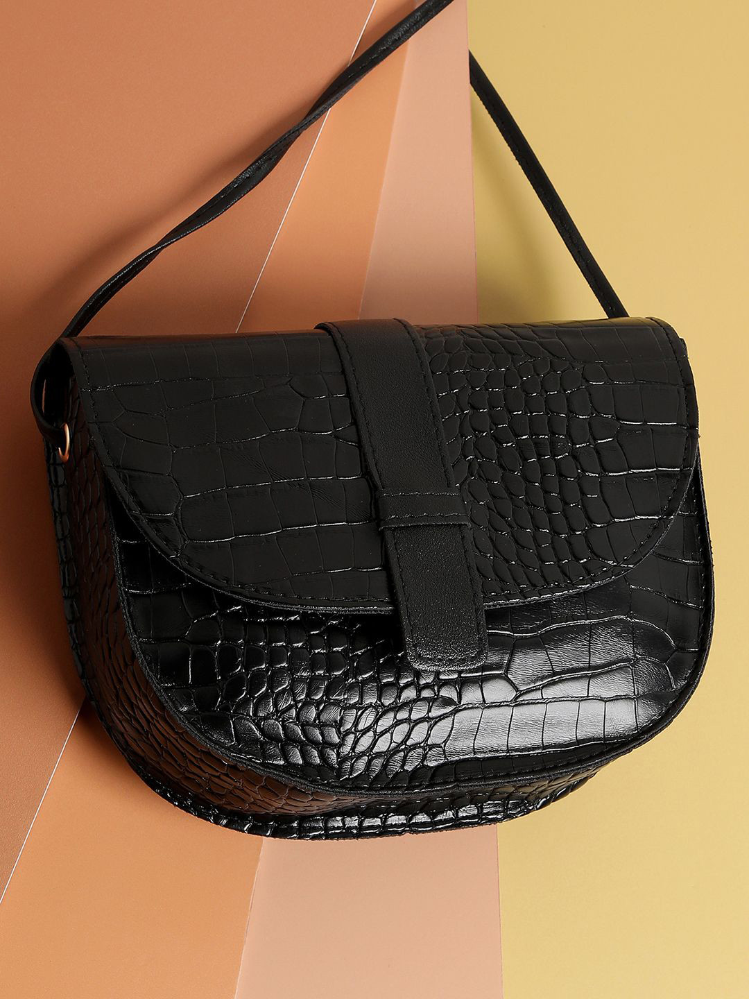 HAUTE SAUCE Women Black Textured Structured Shoulder Bag Vegan Leather Sling Handbag