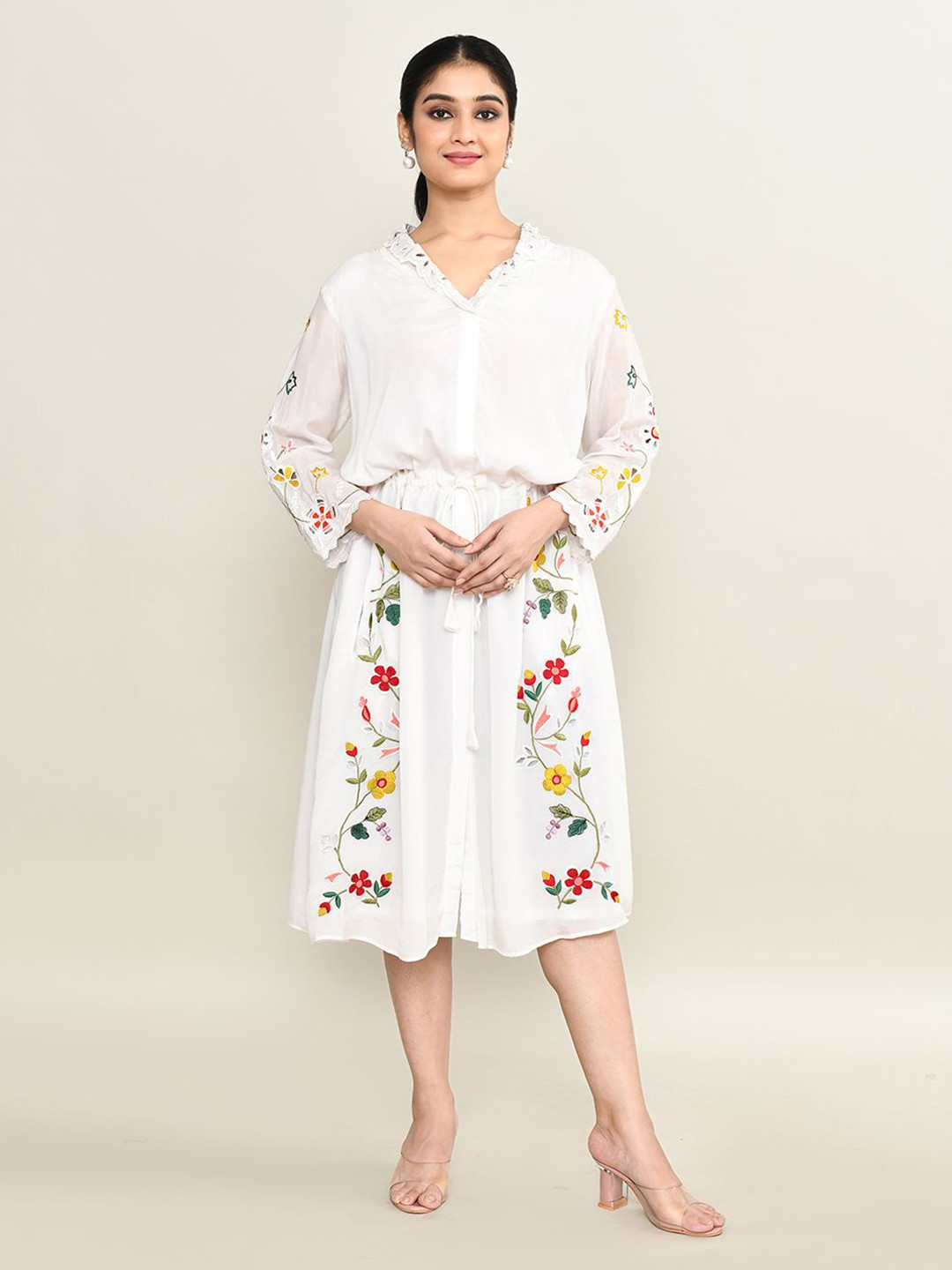 The Maple Women Embroidered Floral Long Sleeves A-Line Midi Dress