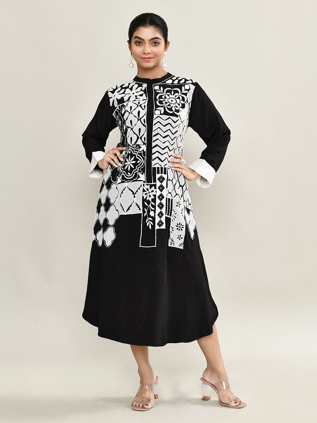 The Maple Women Printed Monochrome Bell Sleeved Crepe A-Line Midi Dress