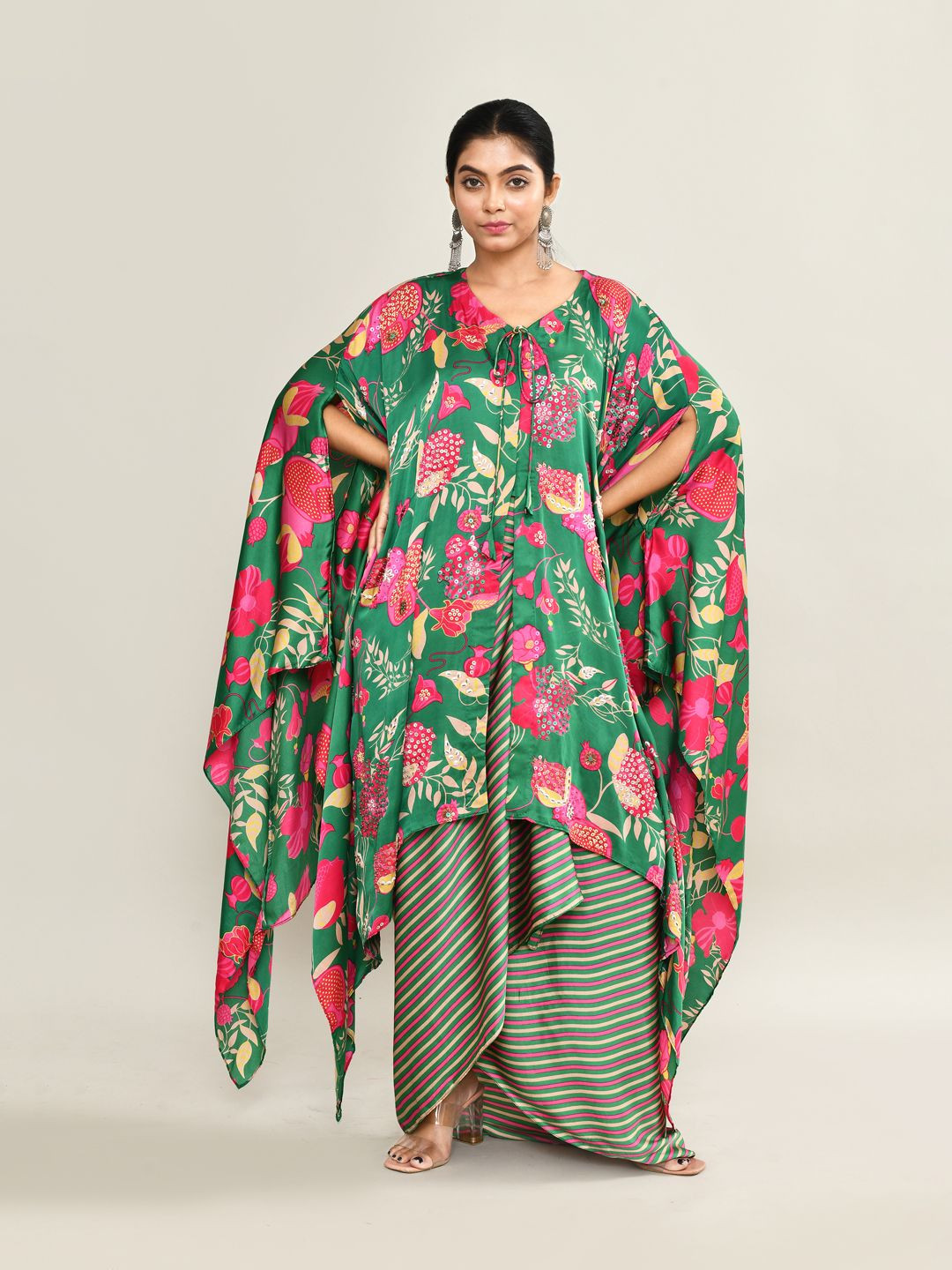 The Maple Floral Print Batwing Sleeve Satin A-Line Maxi Dress