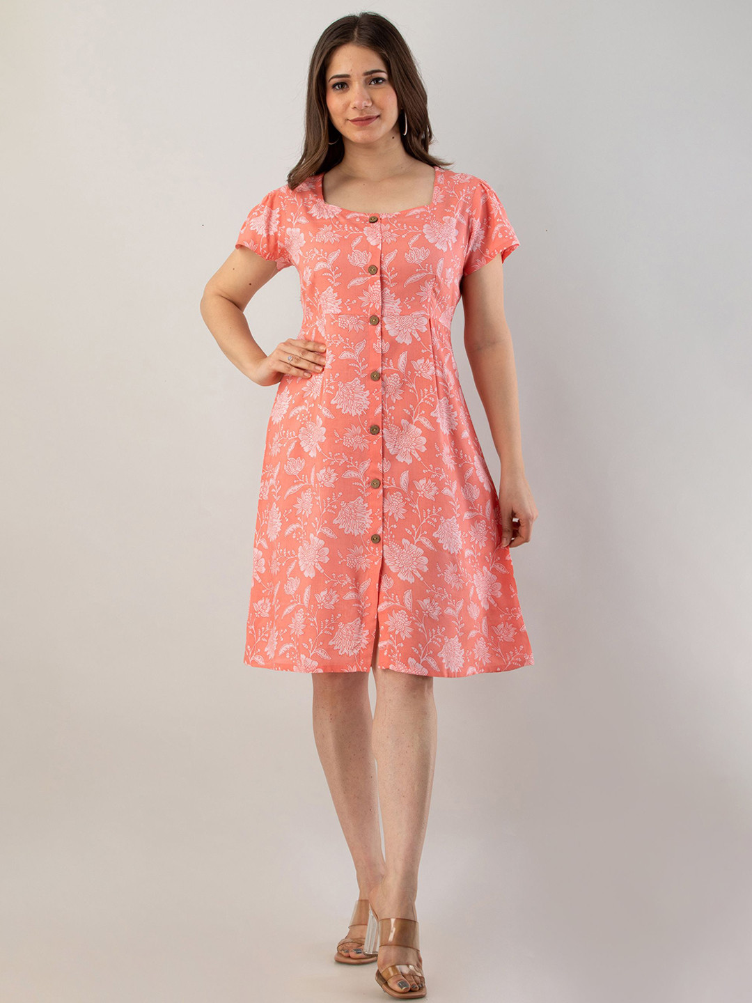 Shedika Floral Printed Square Neck Flared Sleeves A-Line Dress