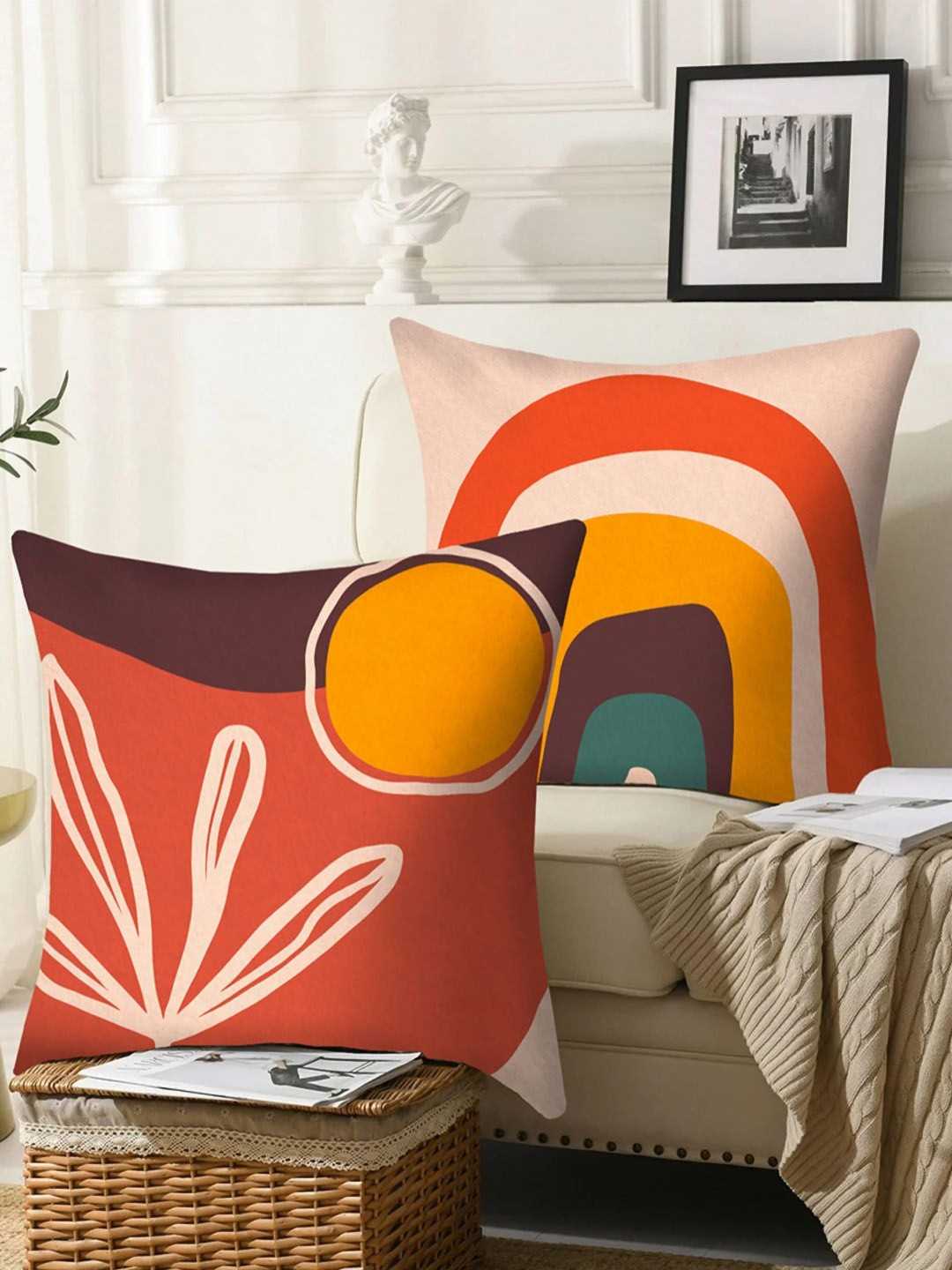 AEROHAVEN Printed Orange Leaf Polyester Silk Durable 2 Pcs Square Cushion Covers -16x16In