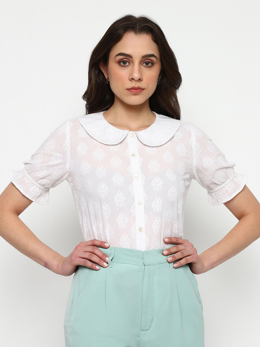 Satrisha Women Solid Peter Pan Collar Cotton Casual Shirt