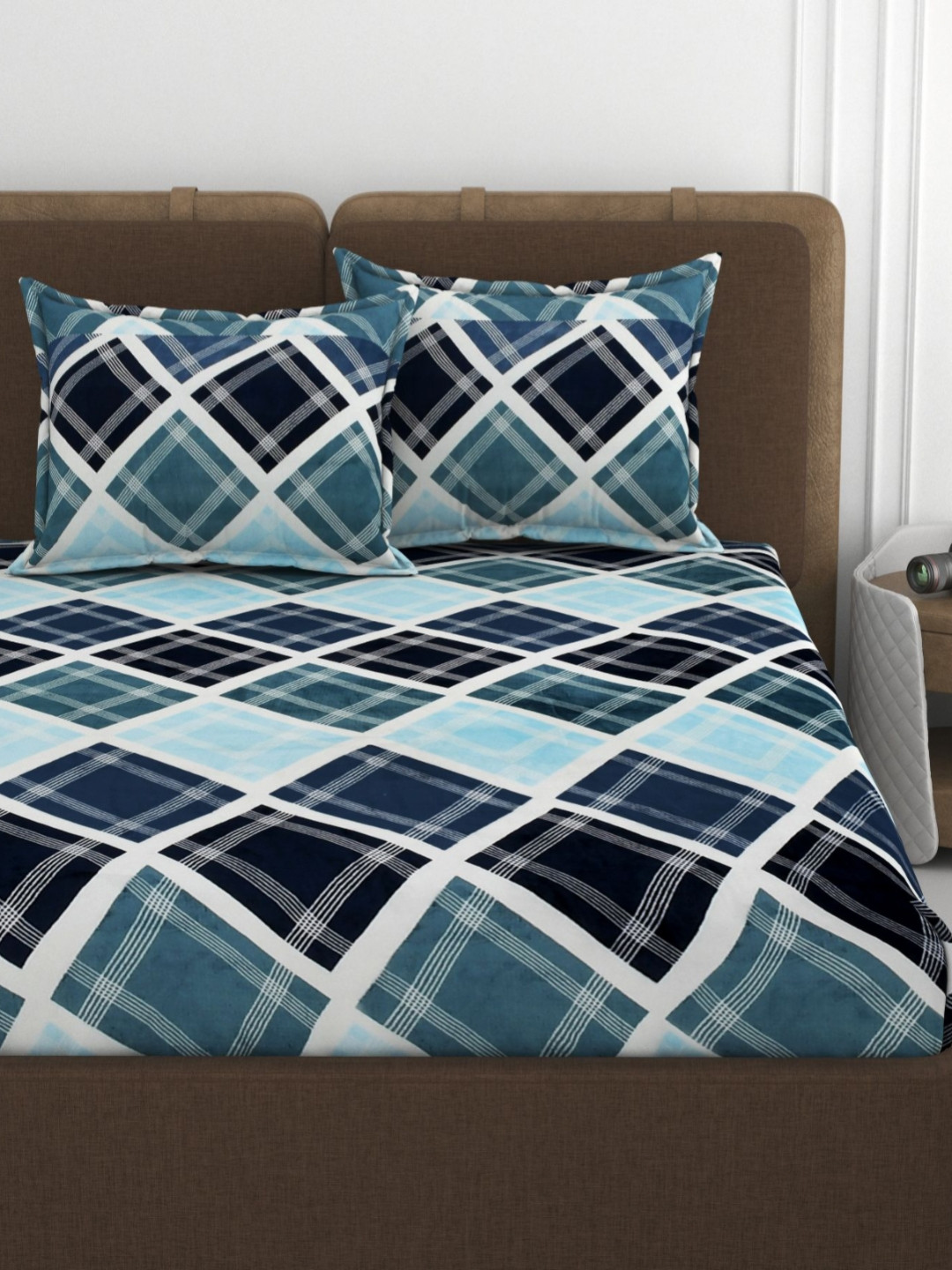 VOMZER Fleno-Blue Check Blue Geometric Wool 350 TC Fitted King Superfine Bedsheet with 2 Pillow Covers-59 x 87 inches