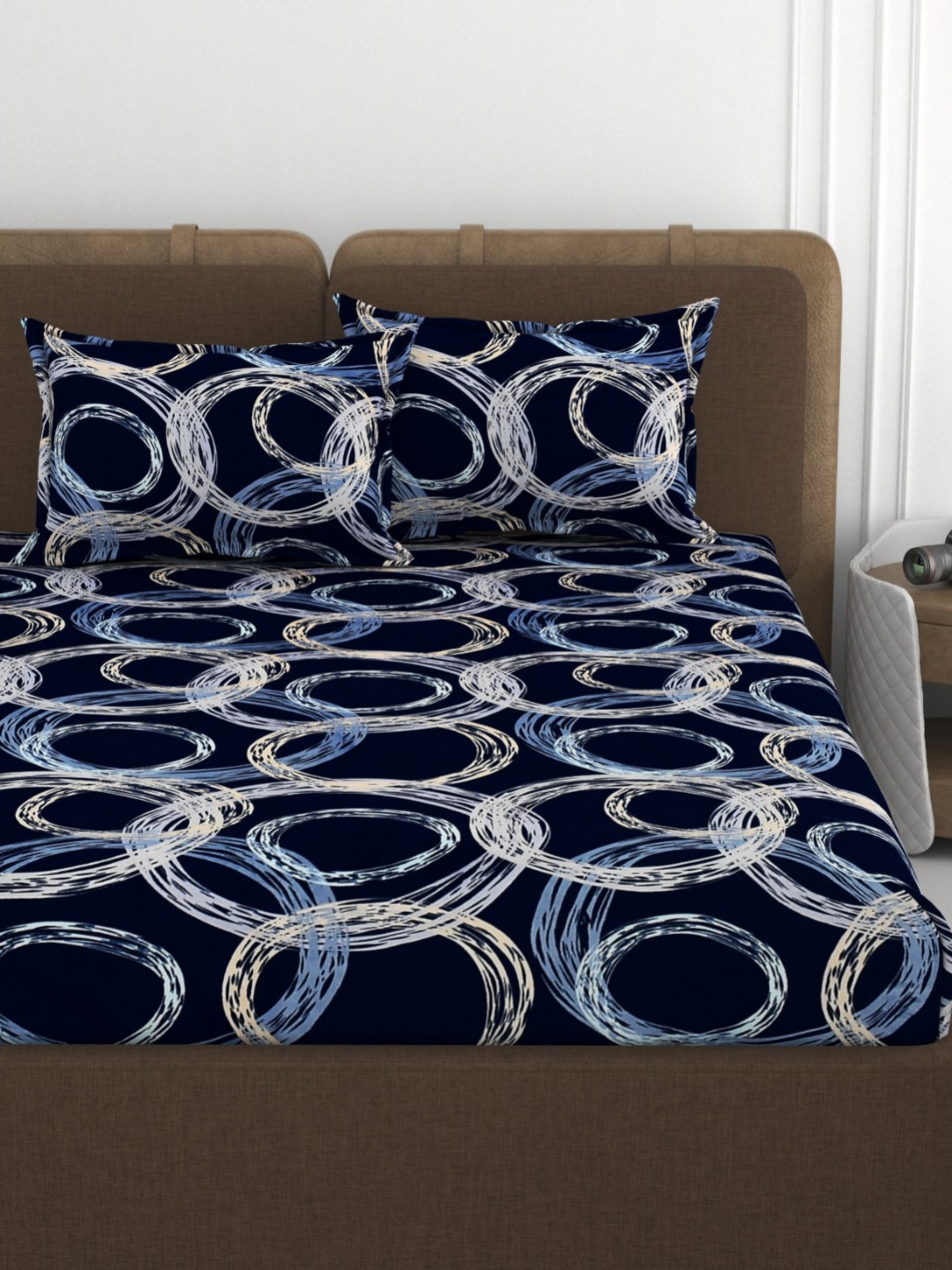 VOMZER Fleno-Blue Circle Blue Geometric Wool 350 TC Fitted King Superfine Bedsheet with 2 Pillow Covers-78 x 72 inches