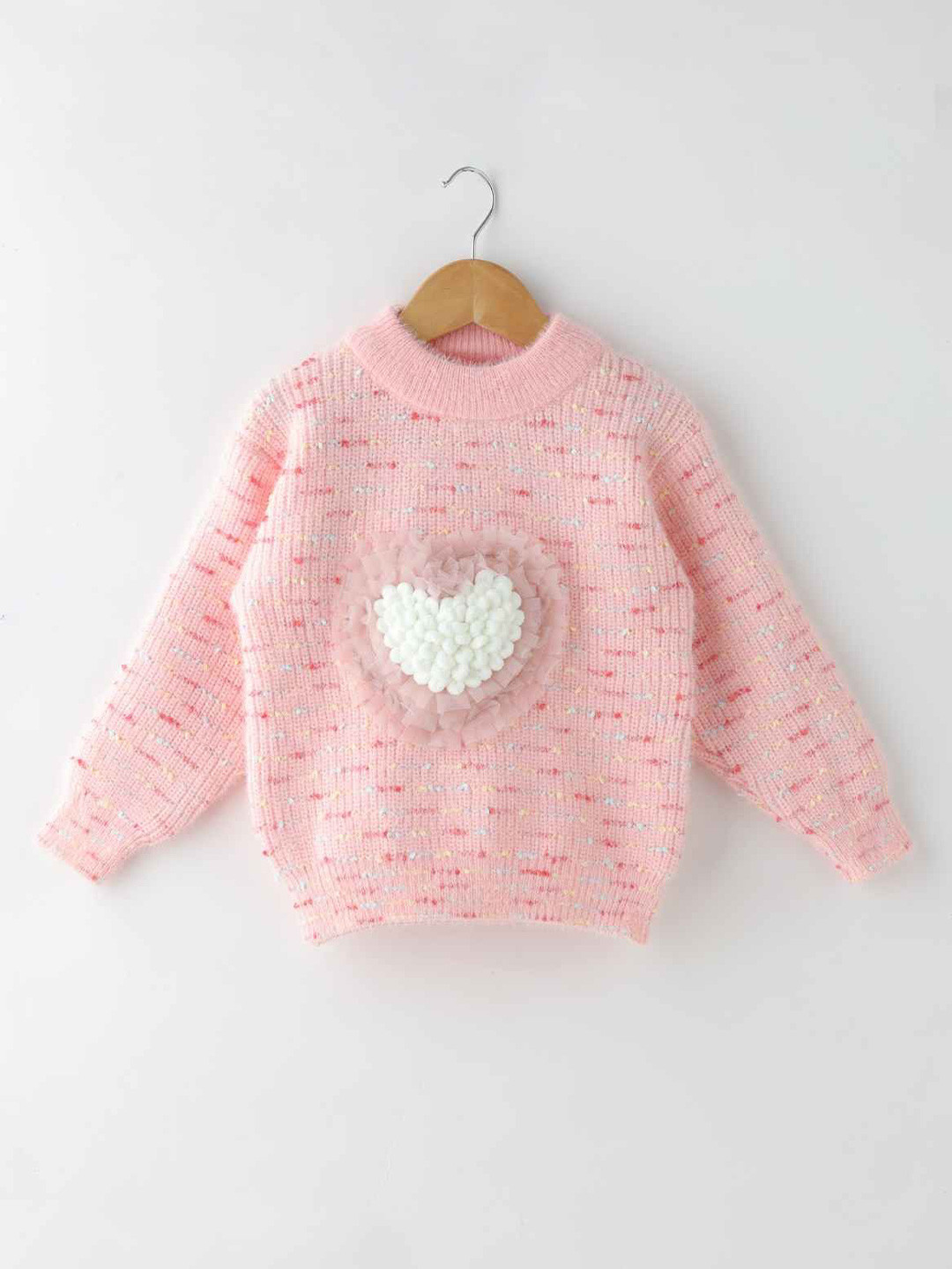 Lagorii Girls Full Sleeves And Heart Embroidery Pullover  - Pink