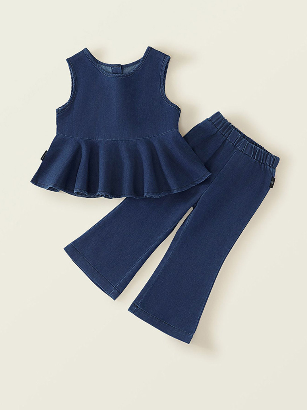 LULU & SKY Girls Round Neck Denim Peplum Top with Trousers