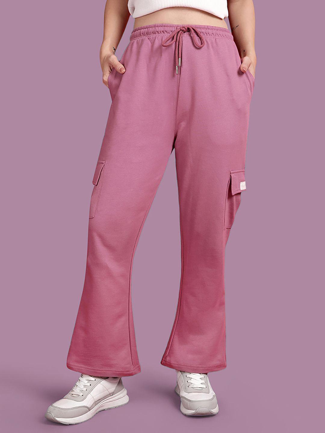 TWIN BIRDS Cotton Solid Pink relaxed Fit Bootcut Cargo Style Track Pant for Women
