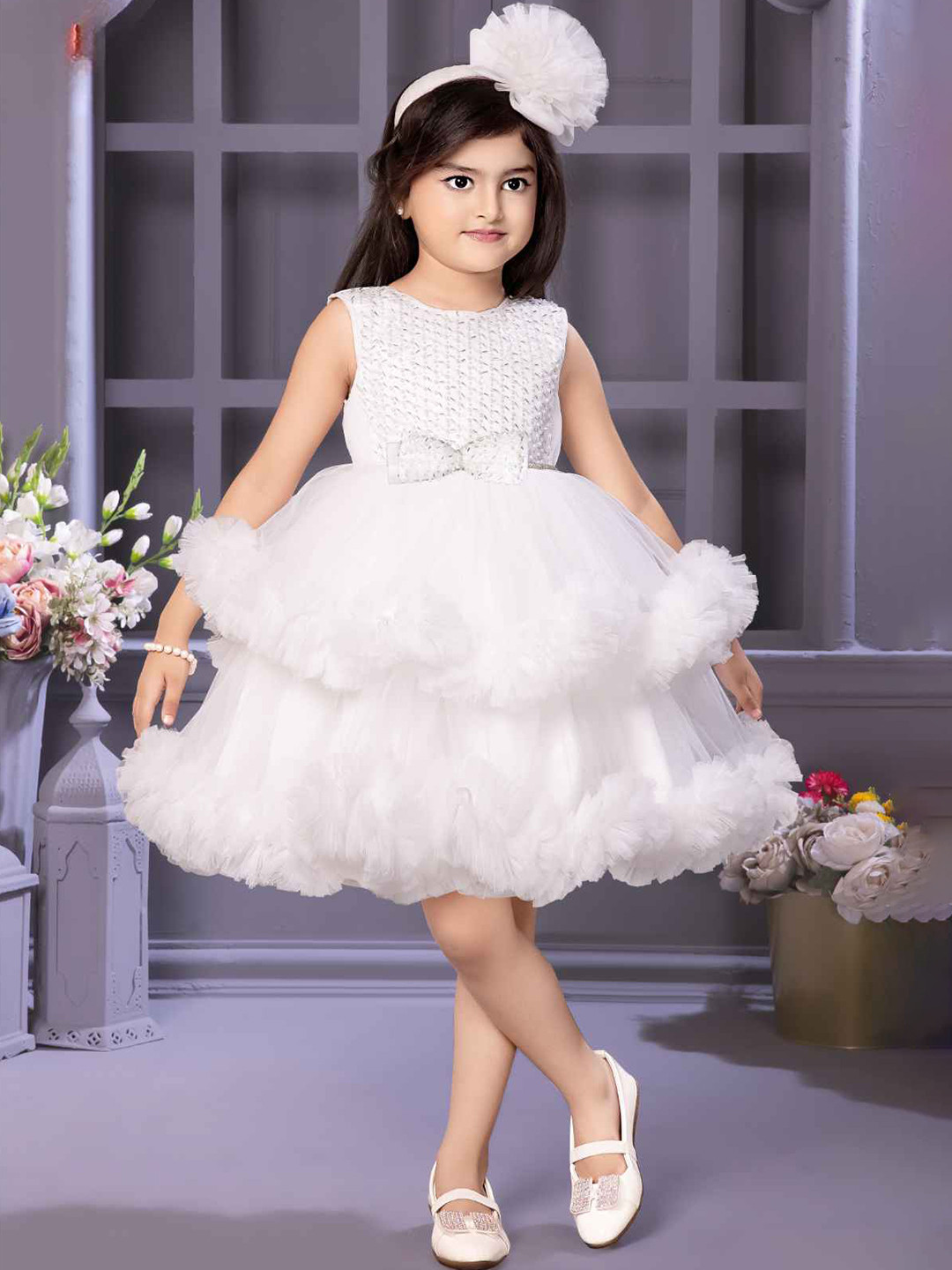 Lagorii Girls Cap Sleeves Bow Embellishment Layer Frock