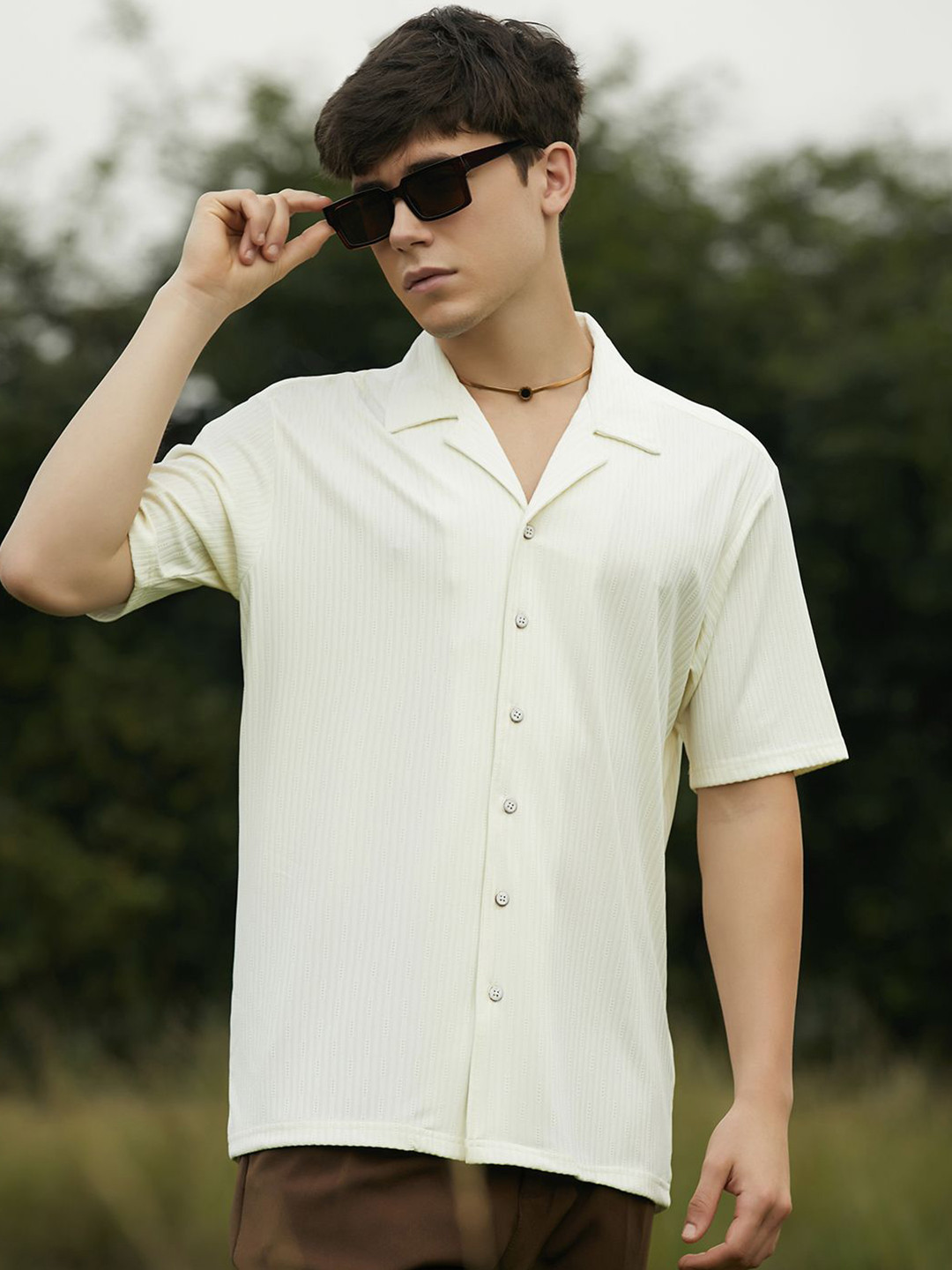 CAHOOT Men Relaxed Fit Cuban Collar Textured Casual Shirt