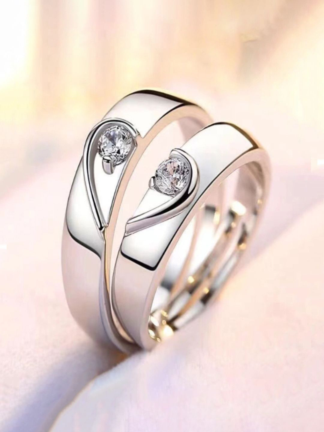 Jewels Galaxy Set Of 2 Silver-Plated CZ Studded Adjustable Couple Finger Rings