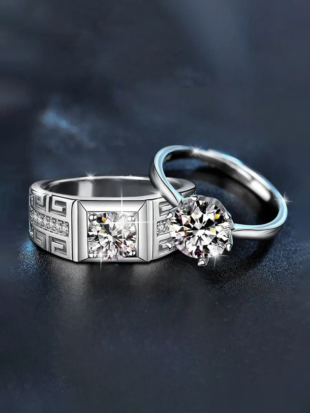 Jewels Galaxy Valentine's Set Of 2 Silver-Plated CZ Studded Adjustable Couple Finger Rings