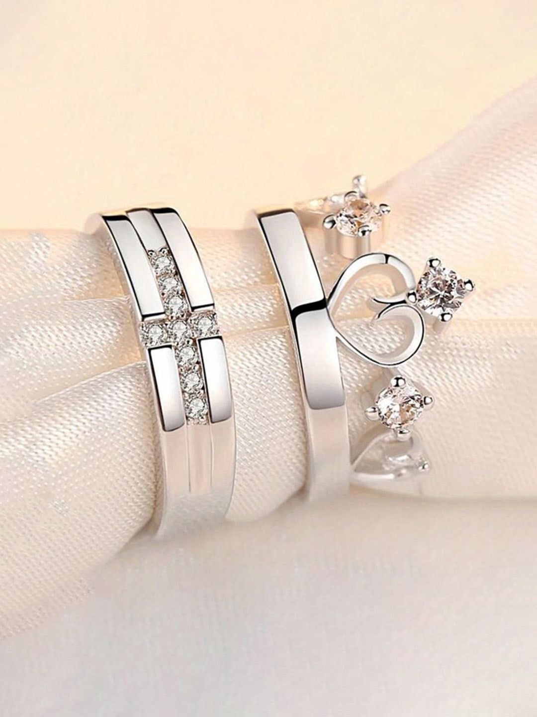 Jewels Galaxy Valentine's Set Of 2 Silver-Plated CZ Studded Adjustable Couple Finger Rings
