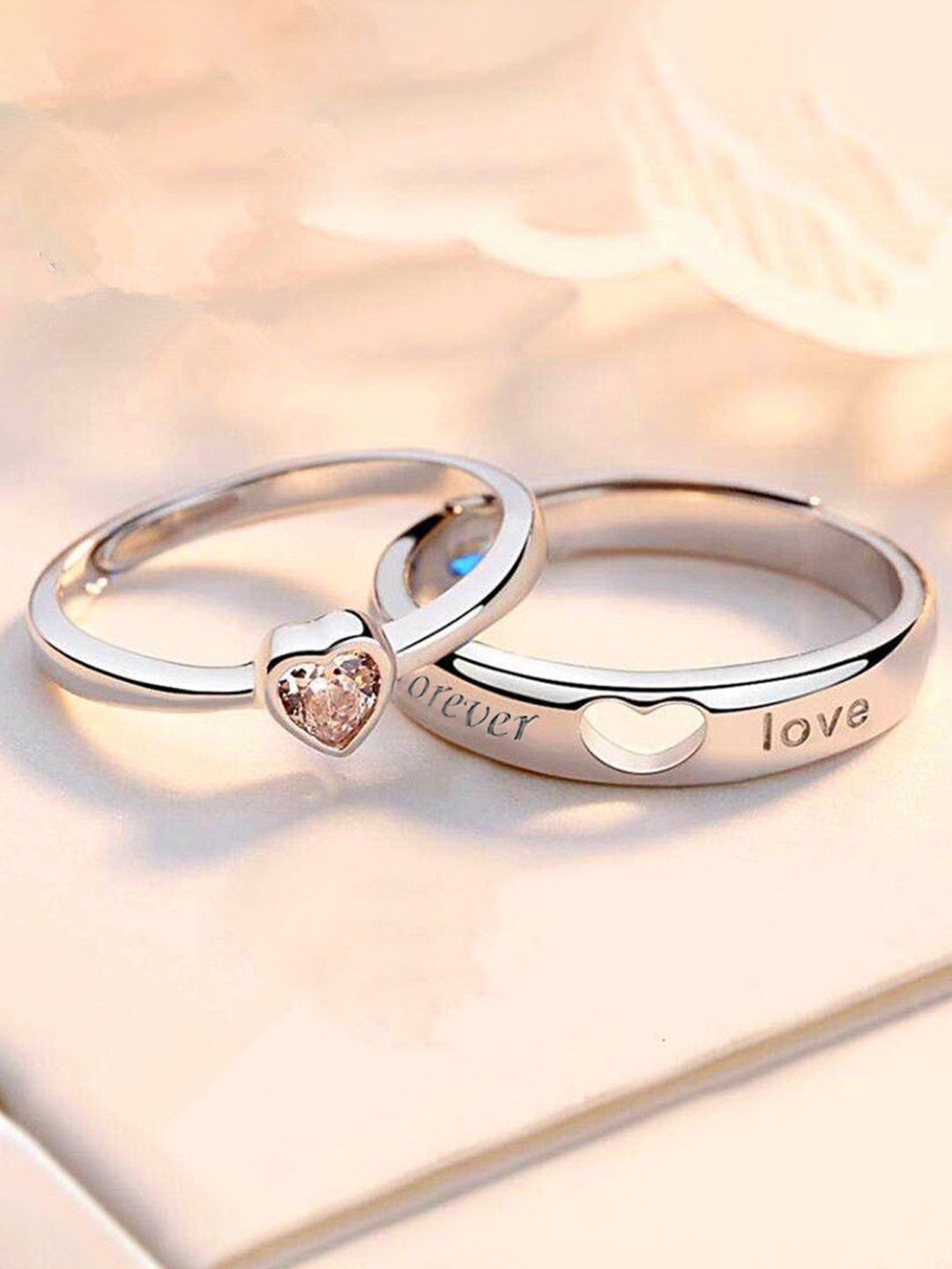 Jewels Galaxy Valentine's Set Of 2 Silver-Plated CZ Studded Adjustable Couple Finger Rings