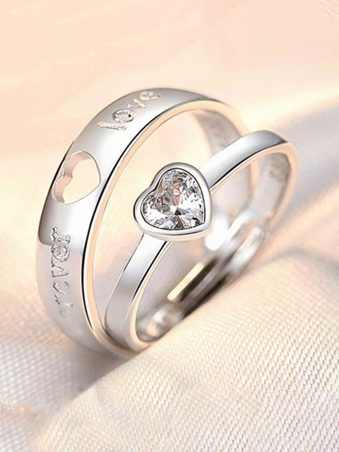 Jewels Galaxy Set Of 2 Valentine's Silver-Plated CZ Studded Adjustable Couple Finger Rings