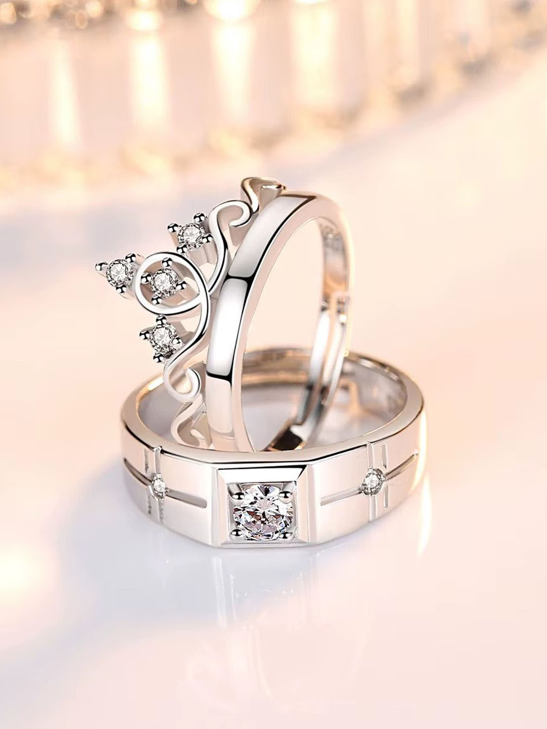 Jewels Galaxy Set Of 2 Valentine's Silver-Plated CZ Studded Adjustable Couple Finger Rings
