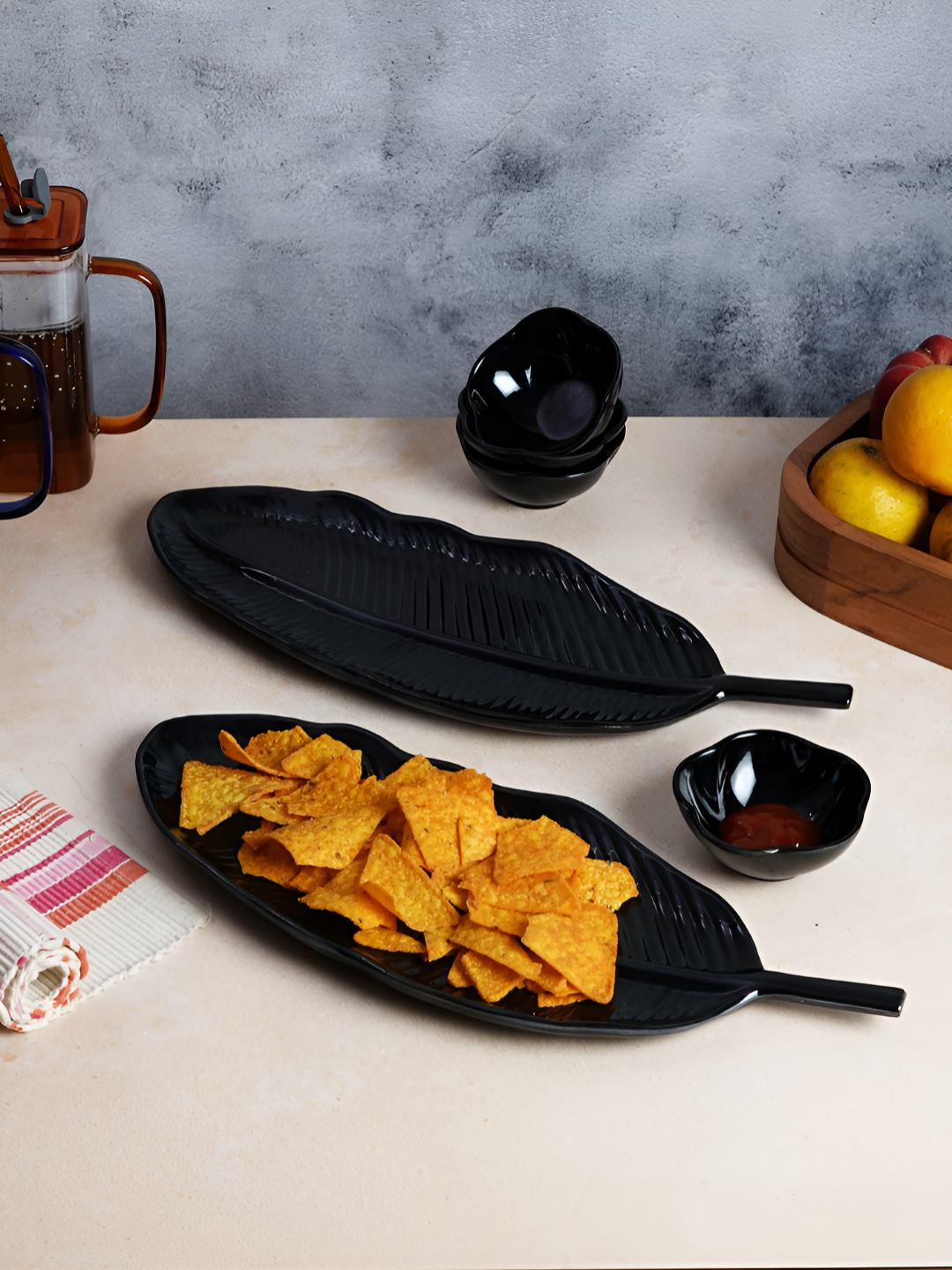 CDI Black 6 Pieces Melamine Dishwasher and Microwave Safe Serving Tray With Dip Bowls