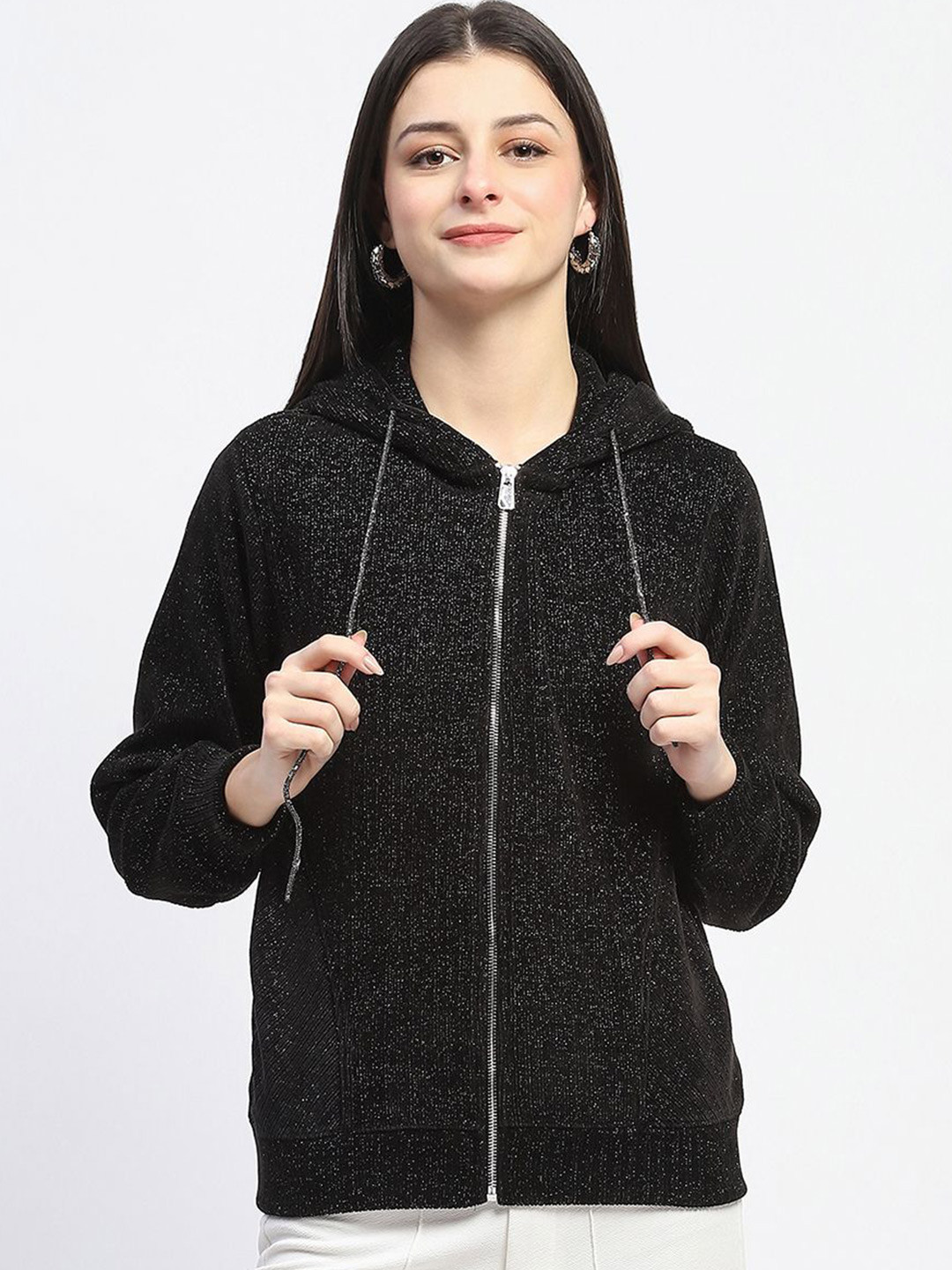 Madame Women Hooded Self Design Sweatshirt