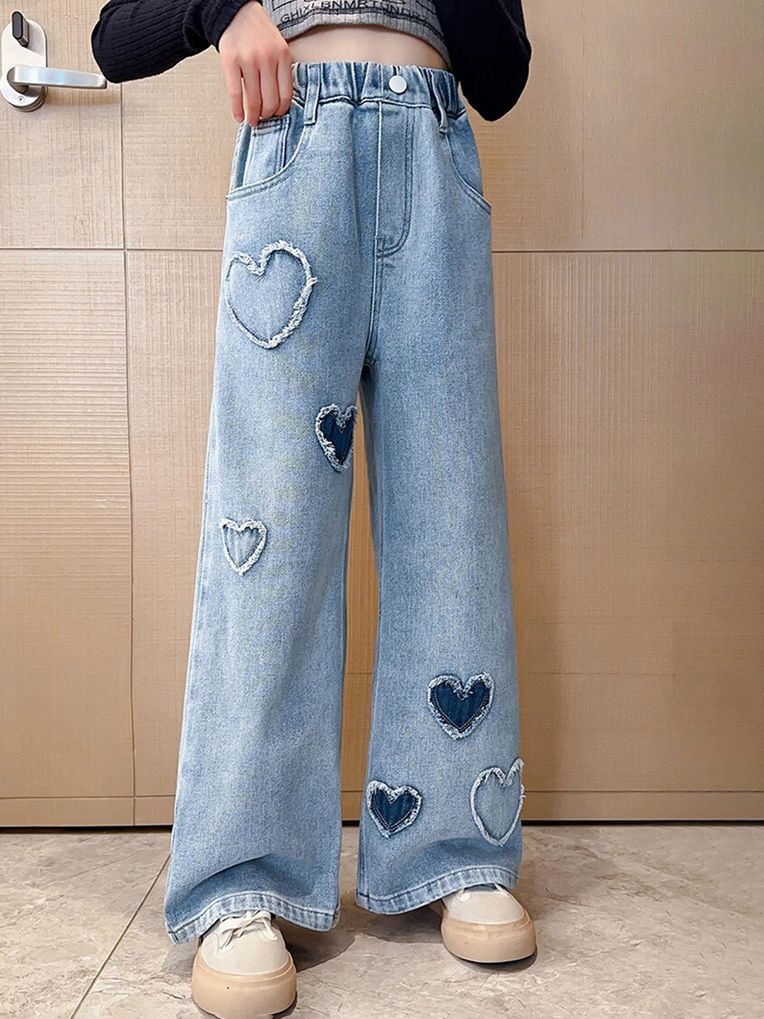 LULU & SKY Girls Patchwork Detail Wide Leg High-Rise Low Distress Jeans