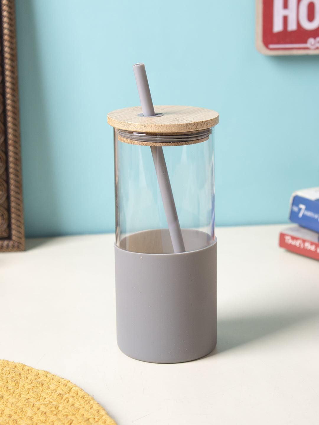 MARKET99 Grey & Transparent Borosilicate Glass Sipper With Straw 350 ml