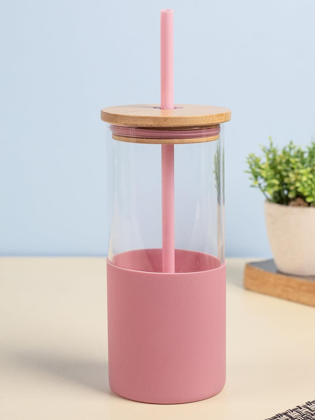 MARKET99 Pink & Transparent Borosilicate Glass Sipper With Straw 350 ml