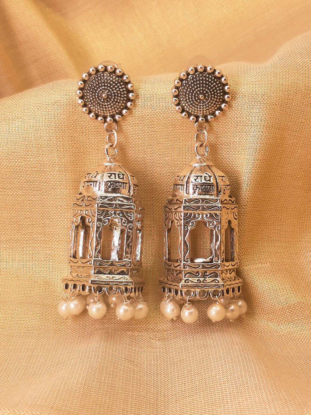 HOPMEE Silver-Plated Artificial Beaded Dome Shaped Oxidised Jhumkas