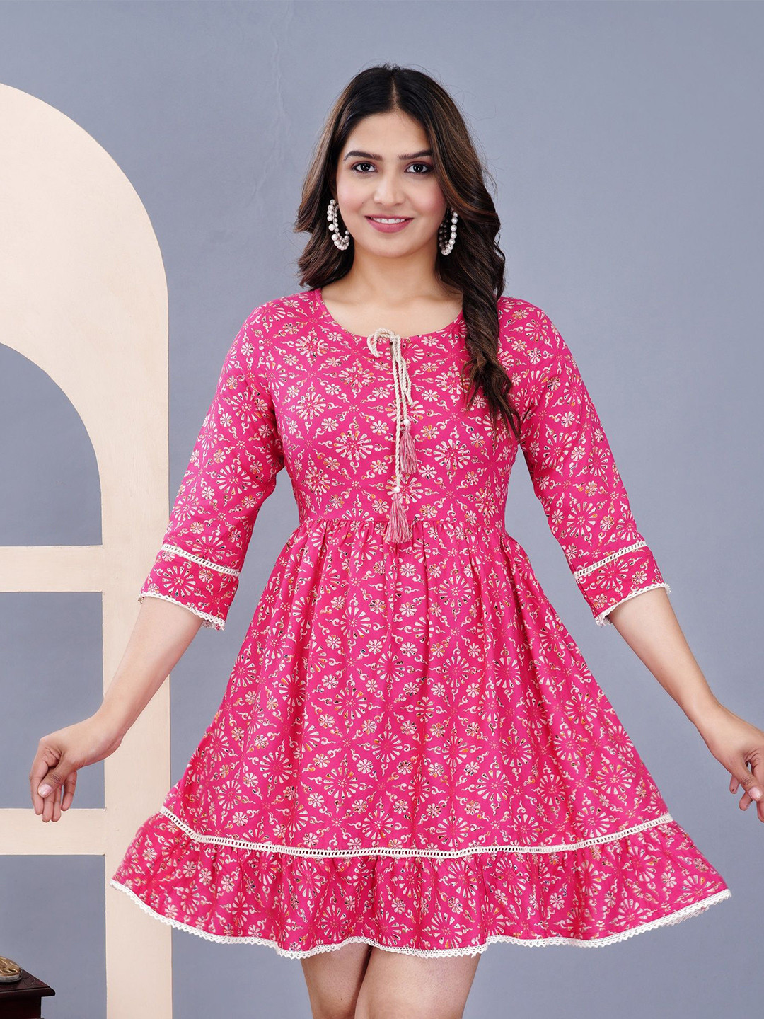 Phool-era Women Printed Tie-Up Neck Cotton Fit & Flare Dress