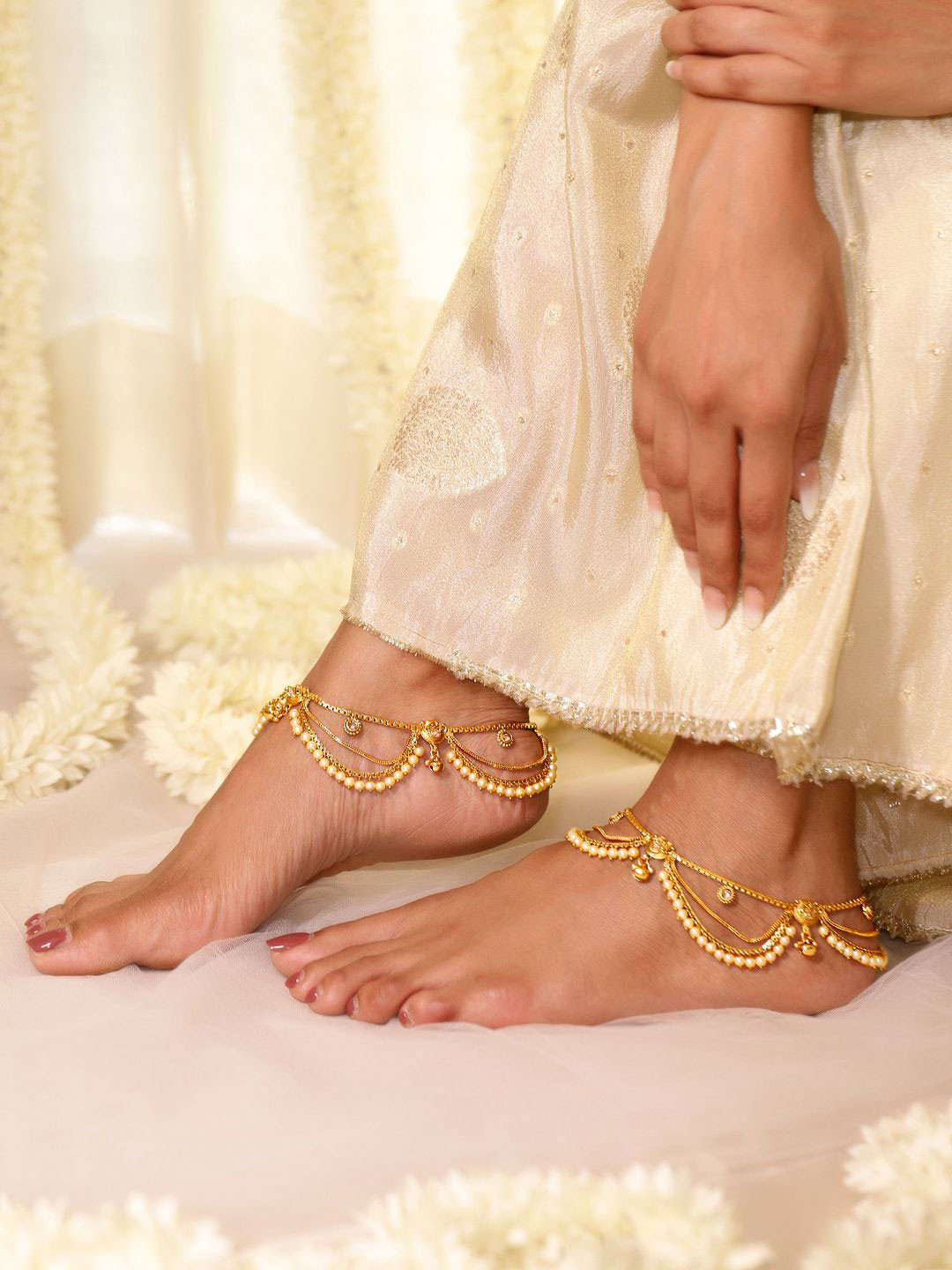 Rubans Set of 2 Pearls & Stone Studded 24K Gold Plated Layered Anklet