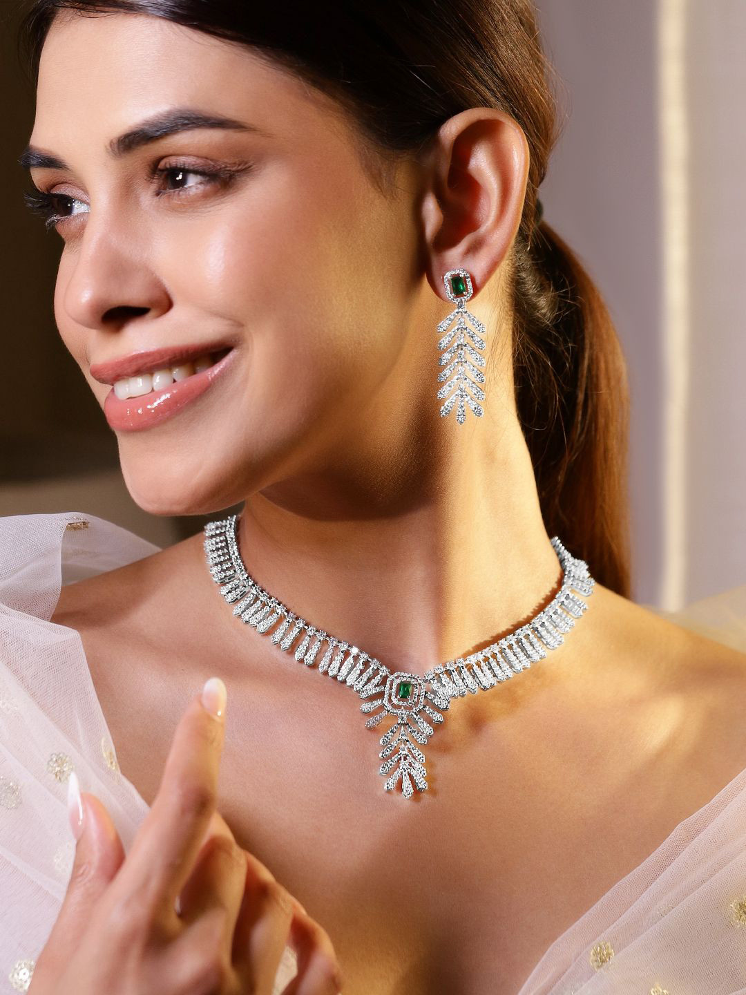 Rubans Rhodium-Plated Emerald Green & White Cubic Zirconia Studed Leaf Design Necklace Set