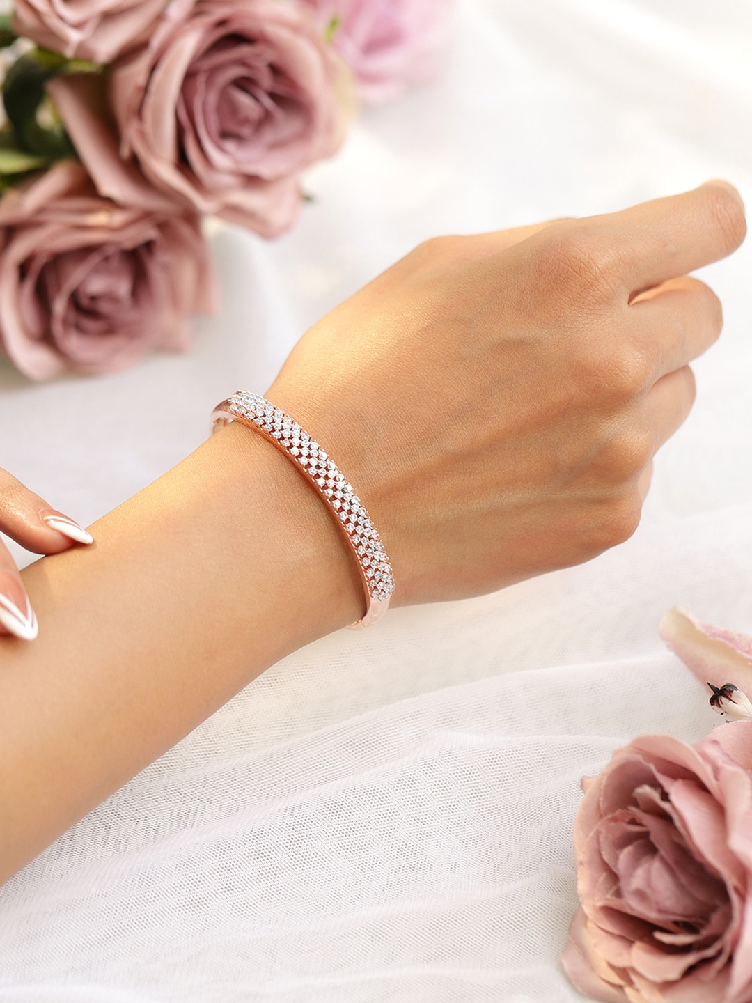 Rubans Rose Gold Plated Cubic Zirconia Bangle Style Bracelet