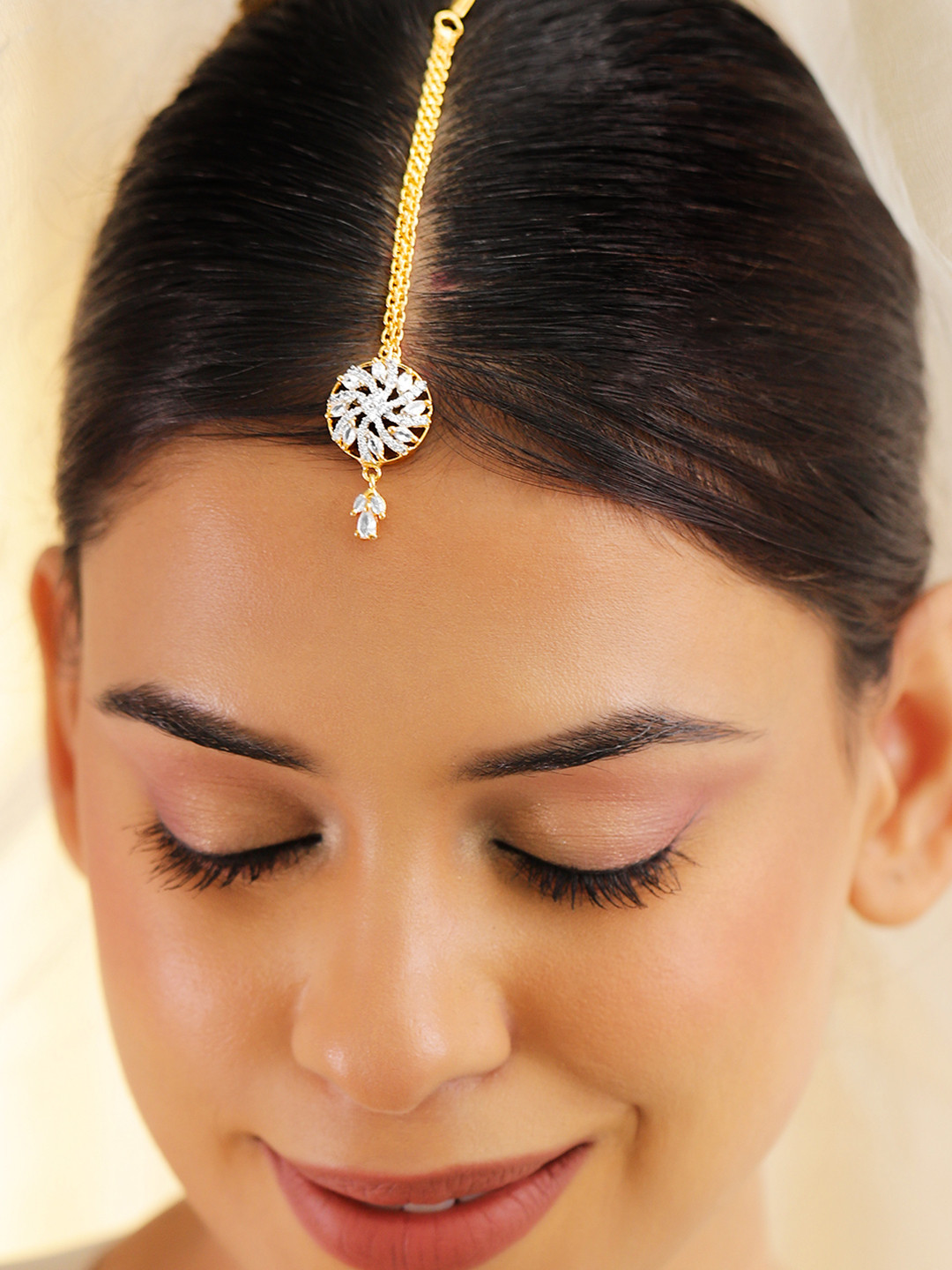 Rubans 18K Gold-Plated White Cubic Zirconia Studded Floral Maang Tikka Head Jewellery