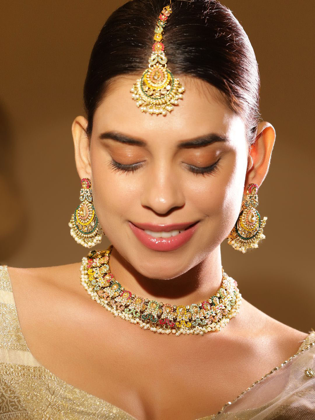 Rubans 22K Gold-Plated Multicolor Kundan & Pearl Beaded Choker Necklace Set